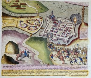 Zajetí Raabu Adolfem Schwarzenbergem 28. 3. 1598. 1653 Tisk Franze Hogenberga (1535-1590) Cabinet des Estampes, B.N, Paříž.