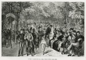 Prater: velký chodník. Rytina od Kollarze, k ilustraci příběhu Vídeň a její předměstí, od M. Newlinského, v roce 1881, publikovaná v Tour du monde, pod vedením Edouarda Chartona (1807-1890) od Franz (after) Kollarz