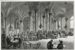 Centrální kavárna ve Vídni (Rakousko). Rytina od Kollarze, k ilustraci příběhu Vídeň a její předměstí, od M. Newlinského, v roce 1881, publikovaná v Tour du monde, pod vedením Edouarda Chartona (1807-1890) od Franz (after) Kollarz