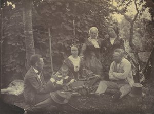 [Tři ženy, dva muži a dítě na pikniku], 50.–60. léta 19. století.