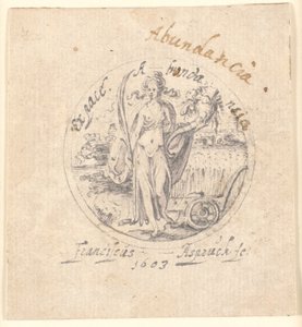 Hojnost jako stojící ženská postava s rohem hojnosti a palmou míru. Kruhově orámované od Franz Aspruck