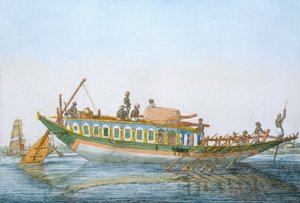 Badjera, kajutové říční plavidlo s velkým pádlovým kormidlem, z „Hinduisté nebo popis jejich způsobů, kostýmů a obřadů“, kolem 1808-12 (barevný lept)