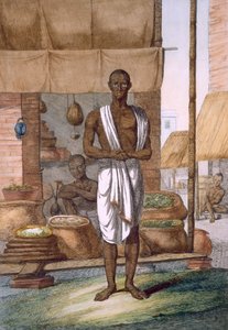 Potravinář před svým obchodem se zbožím v pytlích, z „Hinduisté nebo popis jejich způsobů, kostýmů a obřadů“, kolem 1808-12 (barevný lept) od Franz Balthazar Solvyns