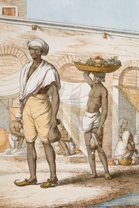 Hinduistický komorník nebo kupec jídla, z „Hinduisté nebo popis jejich způsobů, kostýmů a obřadů“, kolem 1808-12 (barevný lept) od Franz Balthazar Solvyns