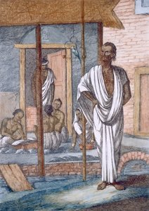 Směnárník ve svém obchodě, jeho prodavač zaznamenávající transakce a domácí korela, z „Hinduisté nebo popis jejich způsobů, kostýmů a obřadů“, kolem 1808-12 (barevný lept) od Franz Balthazar Solvyns