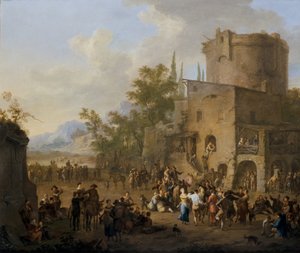 Italské Město Pohled S Figurami Tančícími Saltarello