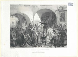 Barikáda na k. k. univerzitě na adrese 26. Květen 1848 (litografie) od Franz Gerasch