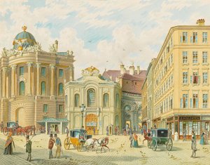 Starý Burgtheater ve Vídni - Franz Gerasch (1826-1906). Akvarel na papíře, počátek 1900. Rozměr: 23 x 29 cm. Soukromá sbírka