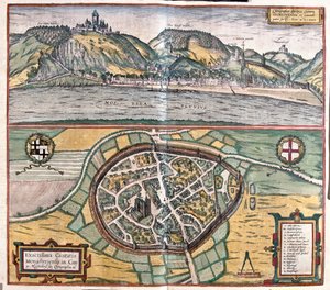 Přesná ilustrace města Munstermaifeld v Maifeld, Německo od Franz Hogenberg