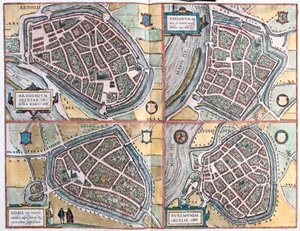 Arnhem a Venlo, Nizozemsko - Geldern, Německo a Ruermonde, Nizozemsko (rytina od Franz Hogenberg