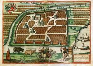 Mapa Moskvy (Rusko) - dílo Franse Hogenberga (1535-1590), rytina a akvarel extrahovaný z terária Civitates orbis od Franz Hogenberg