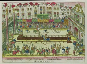 Turnaj, během kterého byl Jindřich II. (1519-59) zraněn hrabětem z Montgomery a zemřel o deset dní později, 30. června 1559 od Franz Hogenberg