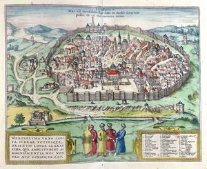 Pohled na Jeruzalém, z Atlasu „Le Theatre des Cites du Monde“ od Georga Brauna, vydáno Kolín nad Rýnem, 1599 (barevná rytina) od Franz Hogenberg