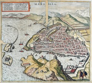 Pohled na Marseille v 16. století, zobrazující nemocnici pro malomocné vlevo dole, z „Le Théâtre du Monde“ od Georga Brauna, 1599 od Franz Hogenberg