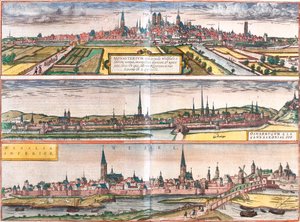 Pohled na Munster (Monasterium), Osnabruck (Osnabrugum) a Wesel (Weselia), Německo (lept od Franz Hogenberg