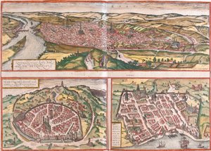 Pohled na Rouen (Rotomagus), Nimes (Nemausus) a Bordeaux (Burdigala), Francie (lept od Franz Hogenberg