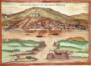 Pohled na Šibenik (rytina od Franz Hogenberg