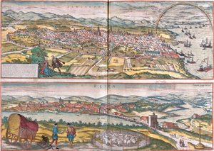 Pohledy na Barcelonu a Eciju (Eciia), Španělsko (lept od Franz Hogenberg