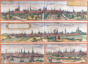 Pohledy na Brunswick (Brusvicum), Lüneburg (Loneburgum), Brémy (Brema) a Oldenburg (Aldenburgum), Německo (lept od Franz Hogenberg