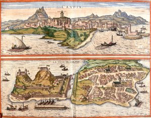 Pohledy na Candia (Candia), současný Heraklion na ostrově Kréta a Korfu nebo Corcyra (Corphu), řecký ostrov (lept od Franz Hogenberg