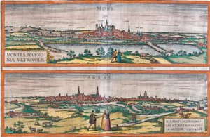 Pohledy na Mons (Montes) (Belgie) a Arras, Francie (lept od Franz Hogenberg