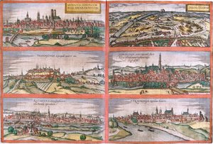 Pohledy na Mnichov (Monacum) Ingolstadt (Ingolstadium), Freising (Frisingensis), Nordlingen (Nordlinga), Regensburg (Ratispona) a Straubing (Stravbinga), Německo (lept od Franz Hogenberg
