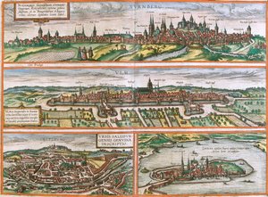 Pohledy na Norimberk (Nurnberga), Ulm (Ulma), Lindau (Lindola), Německo a Salzburg (Salisburgensis) v Rakousku (lept od Franz Hogenberg