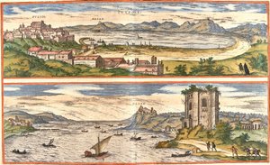 Pohledy na Pozzoli (Puteoli) a zálivy (Baiae) (dnešní Baia), Itálie, se starověkými zbytky termálních lázní v Neapolském zálivu a pevností (lept od Franz Hogenberg