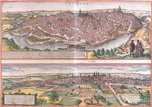 Pohledy na Toledo a Valladolid (Vallisoletum), Španělsko (lept od Franz Hogenberg