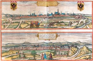 Pohledy na Vídeň (Vídeň), Rakousko a Budapešť (Buda), Maďarsko (lept od Franz Hogenberg