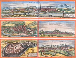 Pohledy na Weimar (Weimaria), Iena, Erfurt (Erdfordia), Gotha a Fulde (Fuldensis), Německo (lept od Franz Hogenberg