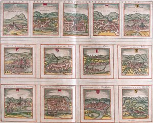 Pohledy na hlavní města Švýcarské konfederace: Schwytz (Svicia), Zug (Tugium), Glaris (Glarona), Basilej (Basilej), Curych (Tugurum), Bern (Ursina), Lucern (Lucerna), Uri (Ursella), Fribourg (Freegurgum), Solothurn (Soloturensis), Schaffhausen (kaple). od Franz Hogenberg