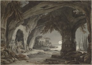 Ideální krajina se skalní jeskyní, hrobkami a ruinami v měsíčním světle, c. 1790.