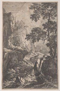 Talíř 2: lovec mířící svou zbraní, klečící vedle velkého kamene vpravo, ma..., ca. 1700-25.