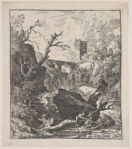 Deska 2: dvě postavy sedící na kmeni stromu na břehu potoka v popředí,..., ca. 1700-25.