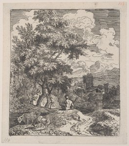 Talíř 3: pastýř sedící na kopci, kráva a dvě ovce vlevo a město v ri..., ca. 1700-25.