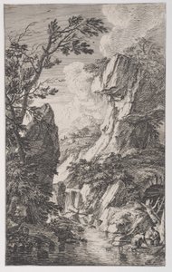 Deska 4: dva rybáři na břehu potoka vpravo, vodopád uprostřed, od..., ca. 1700-25.