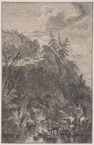 Deska 5: ženská postava na koni a mužská postava se psem stojícím v uličce..., ca. 1700-25.