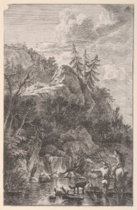 Deska 5: ženská postava na koni a mužská postava se psem stojícím v uličce..., ca. 1700-25.