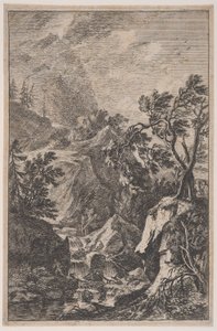 Talíř 6: dvě mužské postavy stojící na skále vpravo, vodopád uprostřed s..., ca. 1700-25.