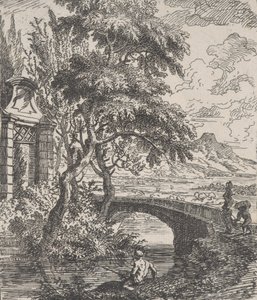 Deska 7: dvě postavy vpravo chystající se překročit kamenný most, rybář v..., ca. 1700-25.
