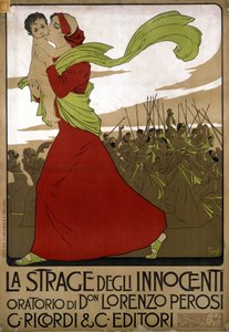 Plakát k „Masakru nevinných“, oratoria italského skladatele Dona Lorenza Perosiho (1872 - 1956). Kresba F. Laskoff
