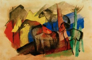 Tři koně v krajině s domy od Franz Marc