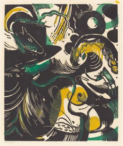 Genesis II (Schopfungsgeschichte II), 1914 (dřevořez ve žluté, černé a zelené) od Franz Marc
