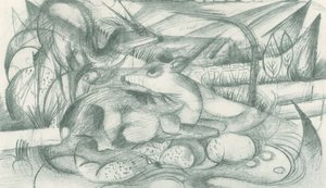 Jelen a laň v pralesní krajině od Franz Marc