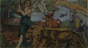 Orfeus mezi zvířaty, návrh na gobelín od Franz Marc