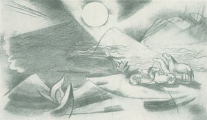 Nedotčená krajina se sluncem, horami a skupinou koní od Franz Marc