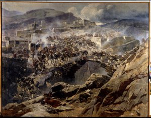 Obléhání Akhoulga (Obléhání Akhoulga): V roce 1839 byl Šamil (Imám Šamil, Šamil) (1797-1871) a jeho muslimští příznivci z Kavkazu obklíčeni ve své horské pevnosti, než byli zmasakrováni ruskou armádou - Obraz Franz Roubaud (1856-1919). od Franz Roubaud