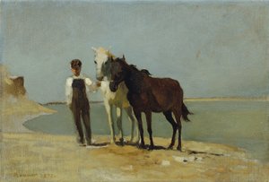 Chlapec s koňmi na pláži od Franz Rumpler