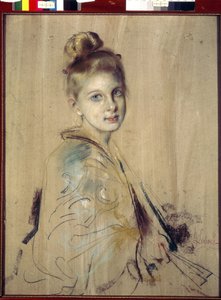 Mladá dívka s ventilátorem (Girl With A Fan). Dílo Franze von Lenbacha (1836-1904), pastel na kartonu, cca 1880. Německé umění 19. století. Státní Ermitáž, Petrohrad.